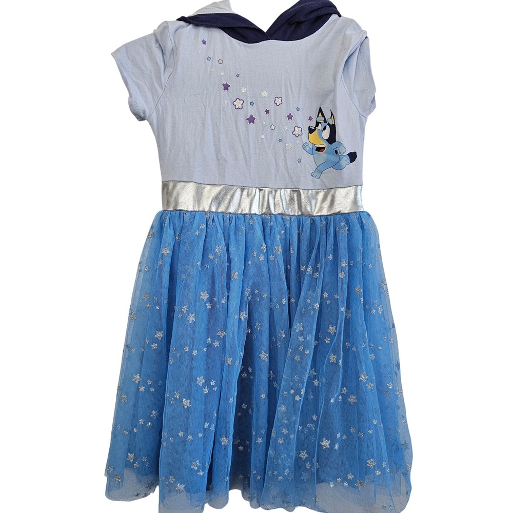 Bluey Girls Hooded Tulle Skirt Dress Blue Silver‎ Star Graphic Size 6/7